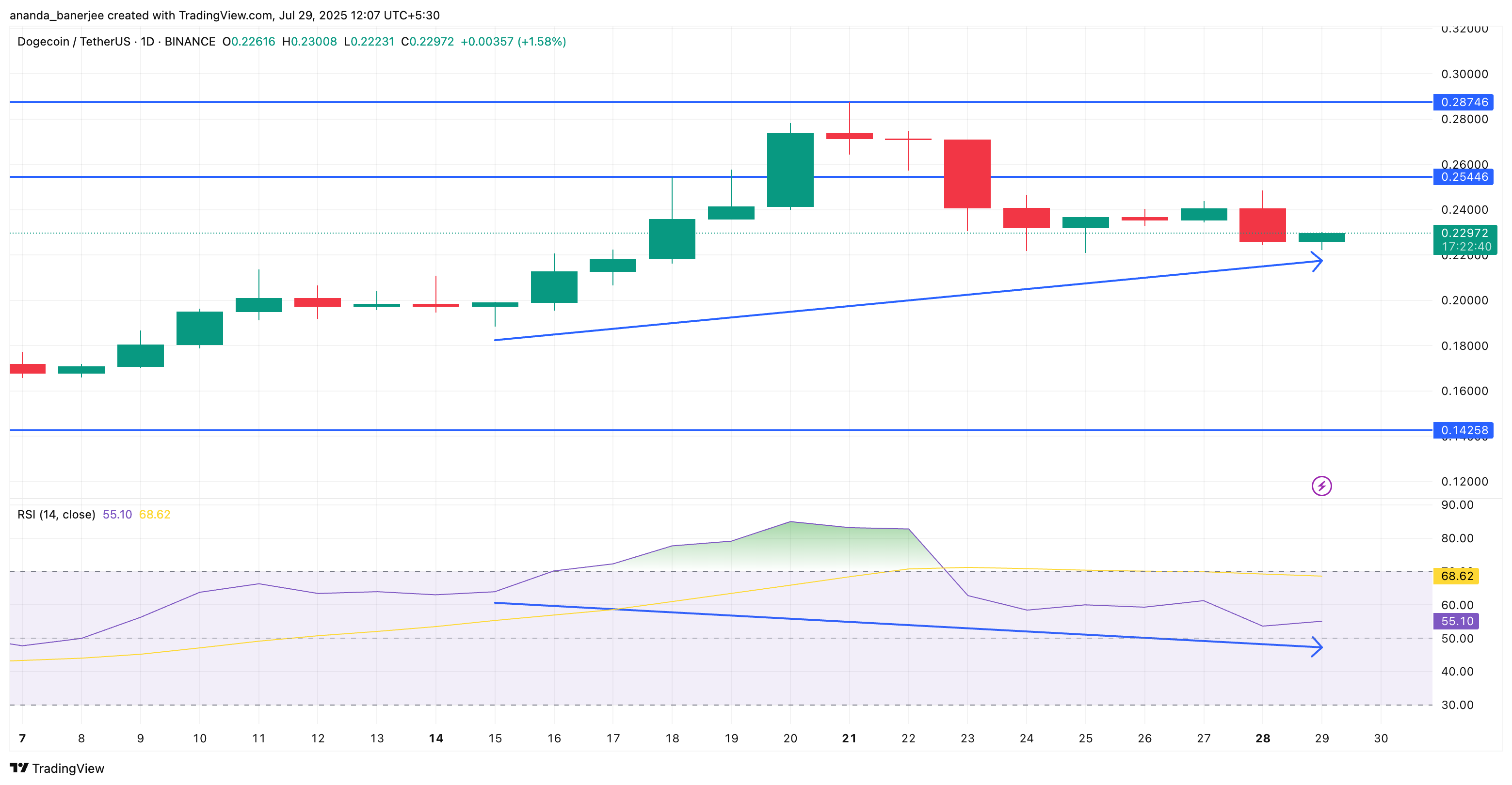 DOGE price and RSI divergence