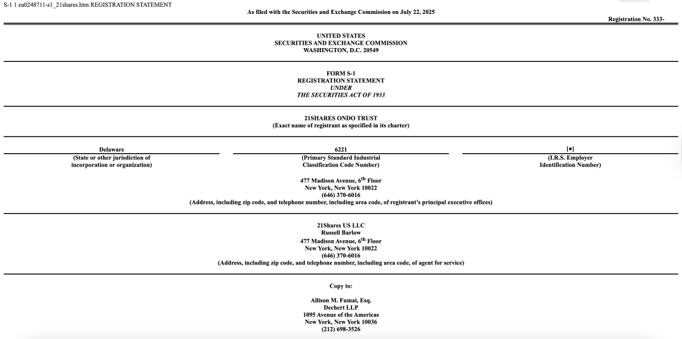 21shares spot ONDO ETF Registration Statement | Source: US Securities and Exchange Commission 