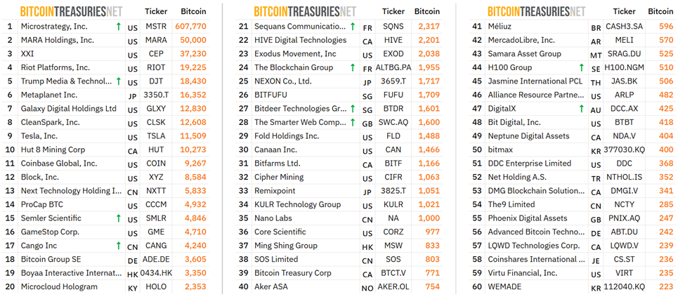 Top public companies holding BTC