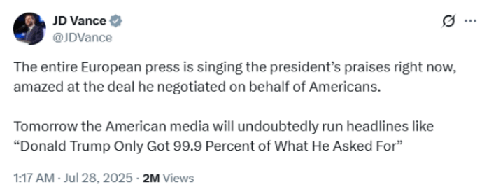  JD Vance discusses US-EU trade deal on X