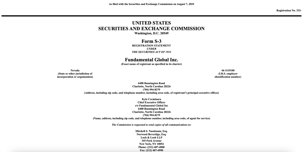 Fundamental Global Inc S-3 Form | Source: US Securities and Exchange Commission