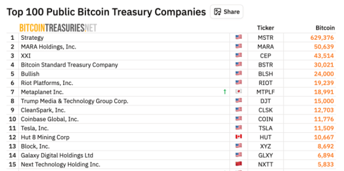 A list of the world's top Bitcoin treasury companies.