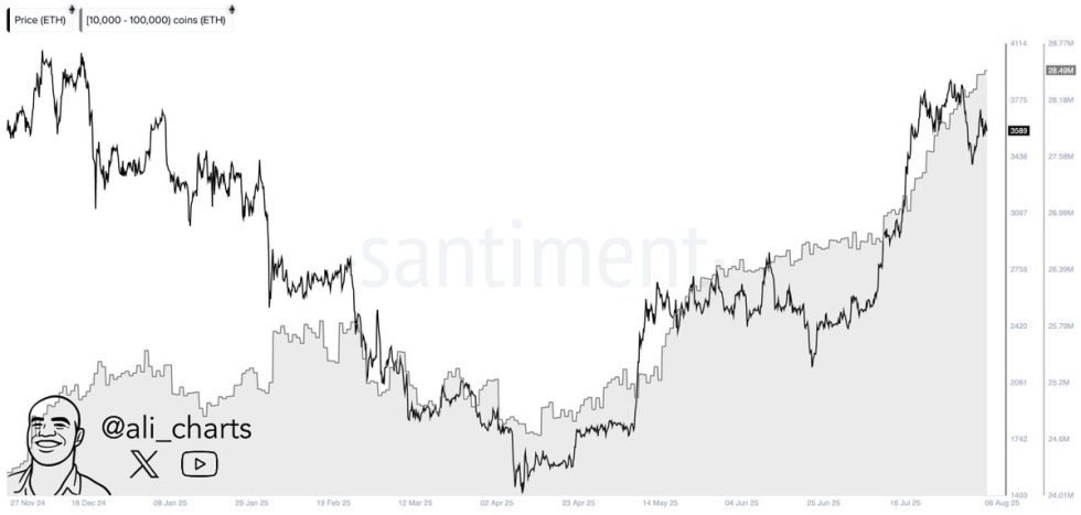 Whales bought more than 1.80 million ETH in the past month | Source: Santiment